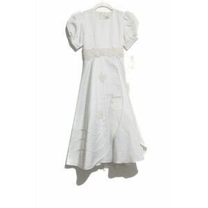 Girls White Satin Embroidered A-Line Communion Special Occasion Tea-Length Dress